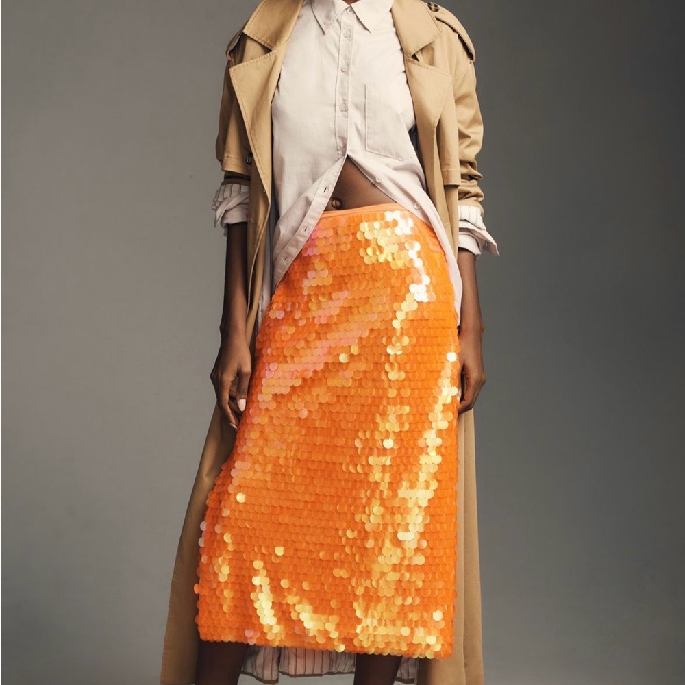 Anthropologie Orange Sequin Midi Skirt